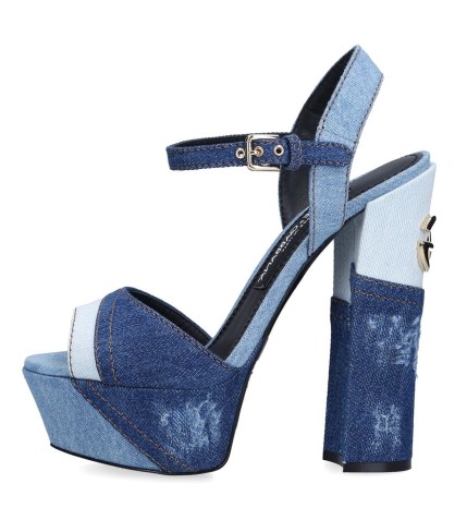 DOLCE & GABBANA Denim Patchwork Sandals 105 | high block heel platforms | blue retro platform shoes | 70s inspired footwear - flipped