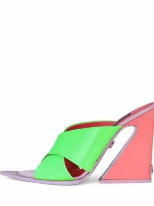 Dolce & Gabbana pink and green tapered-heel cross-strap sandals ~ colour block pointed toe mules - flipped