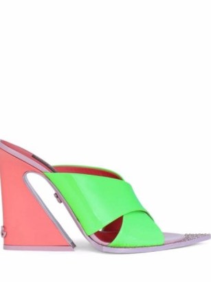 Dolce & Gabbana pink and green tapered-heel cross-strap sandals ~ colour block pointed toe mules