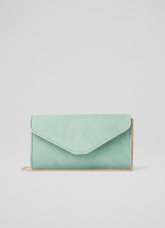 L.K. BENNETT Dominica Pale Green Suede Clutch Bag ~ mint chain shoulder strap occasion bags ~ small summer event handbags - flipped