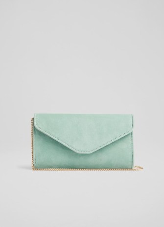 L.K. BENNETT Dominica Pale Green Suede Clutch Bag ~ mint chain shoulder strap occasion bags ~ small summer event handbags