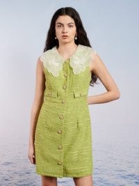 sister jane Marina Tweed Mini Dress in Greenery Green – sleeveless textured pearl button detail dresses – oversized sheer floral organza collars – statement collar fashion – SEASHELL SHORES collection