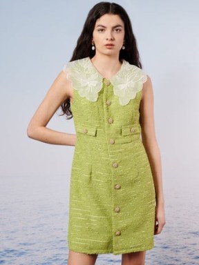 sister jane Marina Tweed Mini Dress in Greenery Green – sleeveless textured pearl button detail dresses – oversized sheer floral organza collars – statement collar fashion – SEASHELL SHORES collection - flipped
