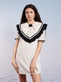 sister jane Seashells Mini Dress in Blanc De Blanc – ruffle edged statement collars – spot print oversized collar dresses
