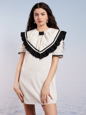 sister jane Seashells Mini Dress in Blanc De Blanc – ruffle edged statement collars – spot print oversized collar dresses