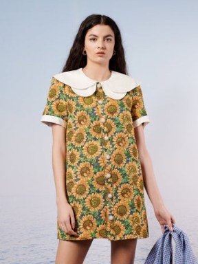 sister jane Warm Seas Tweed Mini Dress Tuscan Sun Yellow – sunflower tapestry dresses – floral oversized collar dresses - flipped