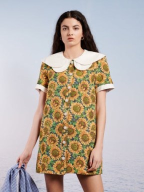 sister jane Warm Seas Tweed Mini Dress Tuscan Sun Yellow – sunflower tapestry dresses – floral oversized collar dresses
