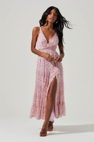 ASTR THE LABEL ELSA FLORAL FRONT SLIT MAXI DRESS ~ pink tiered plunge front dresses ~ floaty summer occasion clothes