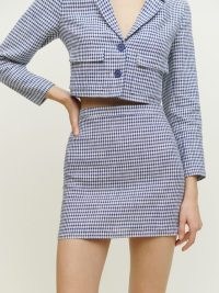 REFORMATION Elton Linen Set in Challah Check / checked cropped blazer and mini skirt clothing co ord / women’s on-trend fashion sets / jackets and skirts