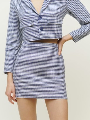 REFORMATION Elton Linen Set in Challah Check / checked cropped blazer and mini skirt clothing co ord / women’s on-trend fashion sets / jackets and skirts - flipped