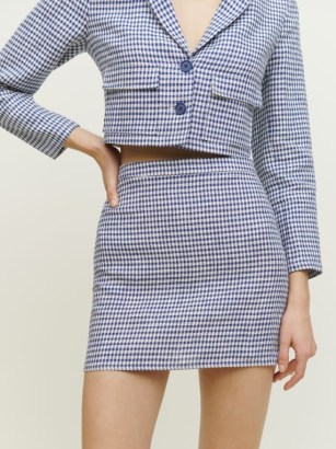 REFORMATION Elton Linen Set in Challah Check / checked cropped blazer and mini skirt clothing co ord / women’s on-trend fashion sets / jackets and skirts