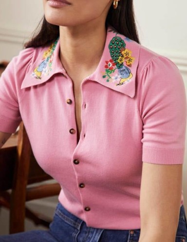 Boden Embroidered Collar Cardigan Posy Pink ~ feminine cardigans - flipped