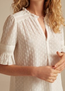 ME and EM Embroidered Cotton Top Soft White / feminine frill trimmed summer tops / floral embroidery blouse - flipped