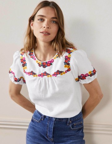 Boden Embroidered Linen Top White / womens short sleeved floral trim summer tops - flipped