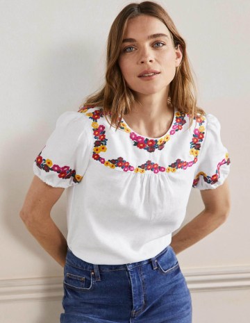 Boden Embroidered Linen Top White / womens short sleeved floral trim summer tops