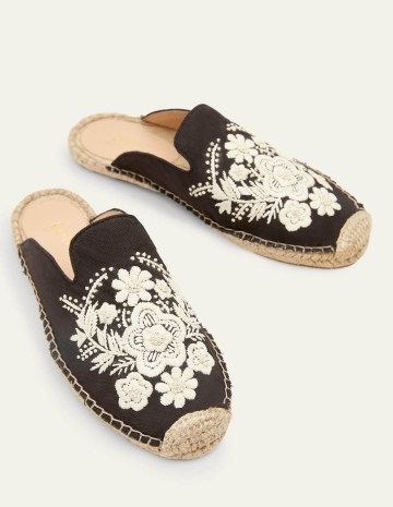Boden Embroidered Mule Espadrilles Black Embroidery / floral espadrille mules / summer slip on flats