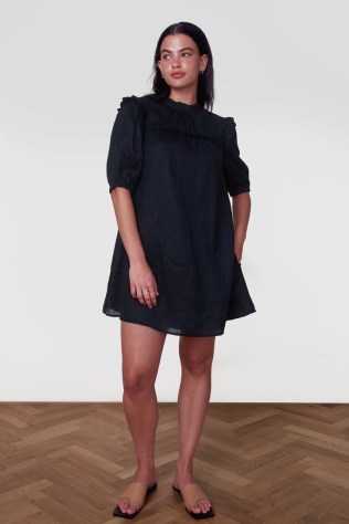 ALIGNE FANYA PUFF SLEEVE DRESS – black organic linen fill detail dresses - flipped