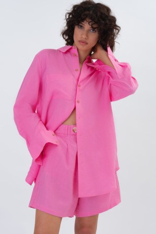 FARLEY OVERSIZED LINEN SHIRT in Bubblegum ~ women’s pink linen summer shirts - flipped
