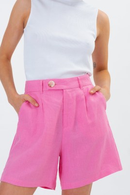 FEDORA HIGH WAIST SHORT in Bubblegum ~ women’s pink linen city shorts ~ essential summer staple ~ womens warm weather wardrobe essentials - flipped