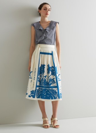 L.K. BENNETT Fellini Blue and Cream Tropical Print Cotton Skirt ~ summer tie waist skirts - flipped