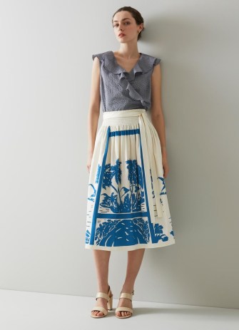 L.K. BENNETT Fellini Blue and Cream Tropical Print Cotton Skirt ~ summer tie waist skirts