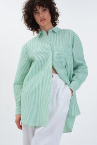 FORREST OVERSIZED SHIRT in Green Stripe ~ women’s striped organic cotton shirts ~ curved dip hem