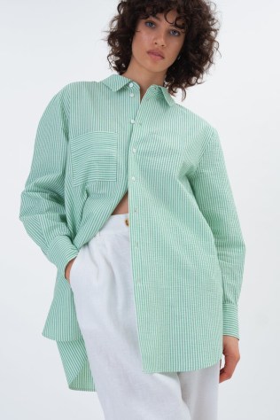 FORREST OVERSIZED SHIRT in Green Stripe ~ women’s striped organic cotton shirts ~ curved dip hem - flipped