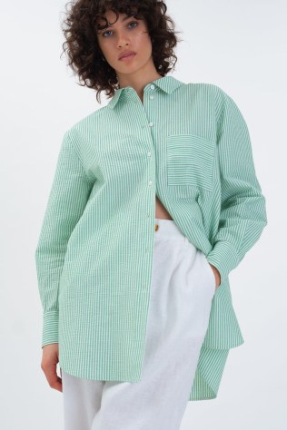 FORREST OVERSIZED SHIRT in Green Stripe ~ women’s striped organic cotton shirts ~ curved dip hem