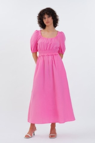 FREDERIKA MIDI DRESS in Bubblegum ~ women’s pink puff sleeved summer dresses - flipped