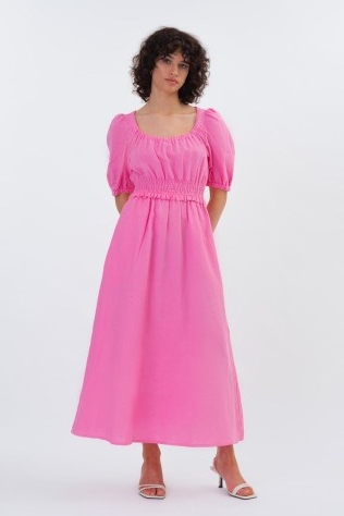 FREDERIKA MIDI DRESS in Bubblegum ~ women’s pink puff sleeved summer dresses