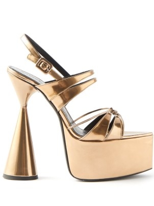 metallic-gold high heel platforms ~ D’ACCORI Belle leather platform sandals ~ chunky retro shoes ~ cone shaped heels - flipped