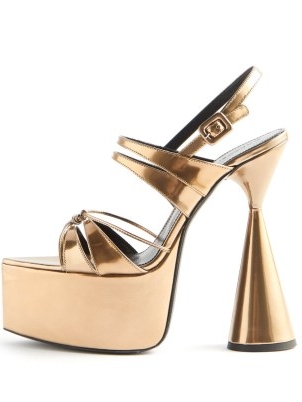 metallic-gold high heel platforms ~ D’ACCORI Belle leather platform sandals ~ chunky retro shoes ~ cone shaped heels