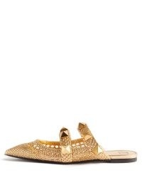 VALENTINO GARAVANI Roman Stud woven-leather backless loafers ~ gold studded pointed toe loafer flats