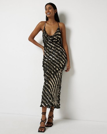 RIVER ISLAND GOLD SEQUIN EMBELLISHED MAXI DRESS ~ sequinned strappy cross over back party dresses ~ glamorous going out fashion ~ on-trend evening glamour - flipped