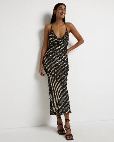 RIVER ISLAND GOLD SEQUIN EMBELLISHED MAXI DRESS ~ sequinned strappy cross over back party dresses ~ glamorous going out fashion ~ on-trend evening glamour