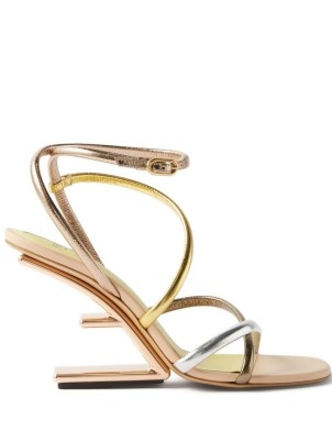 FENDI Show F-heel metallic leather sandals ~ strappy barely there sculpted heels - flipped