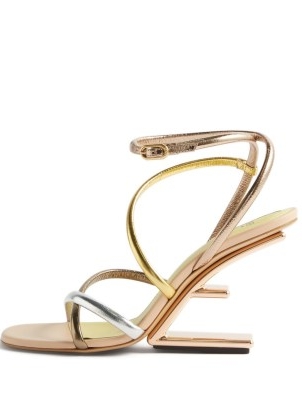 FENDI Show F-heel metallic leather sandals ~ strappy barely there sculpted heels