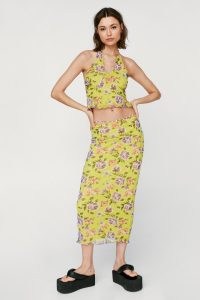 NASTY GAL Graphic Floral Mesh Midi Tube Skirt Chartreuse ~ yellow-green low rise lettuce hem skirts