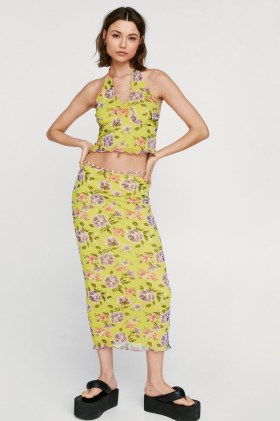NASTY GAL Graphic Floral Mesh Midi Tube Skirt Chartreuse ~ yellow-green low rise lettuce hem skirts - flipped