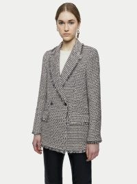 JIGSAW Graphic Tweed Defoe Blazer ~ grey checked fringe trim blazers ~ women’s textured fringed jackets