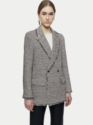 JIGSAW Graphic Tweed Defoe Blazer ~ grey checked fringe trim blazers ~ women’s textured fringed jackets - flipped