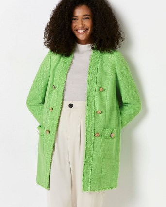RIVER ISLAND GREEN BOUCLE JACKET ~ women’s longline frayed edge tweed style jackets - flipped
