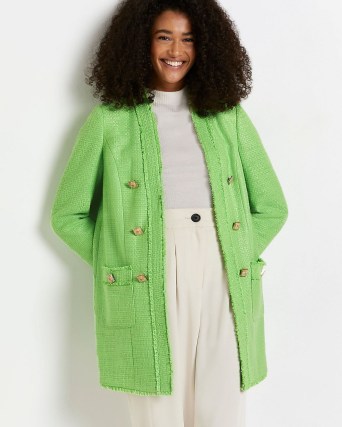 RIVER ISLAND GREEN BOUCLE JACKET ~ women’s longline frayed edge tweed style jackets