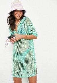 green crochet knit polo mini dress – knitted cover up – sheer beach dresses