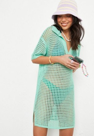 green crochet knit polo mini dress – knitted cover up – sheer beach dresses - flipped
