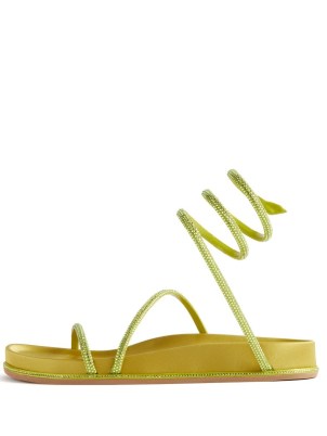 RENE CAOVILLA Crystal-embellished wraparound satin sandals | green strappy footbed flats - flipped