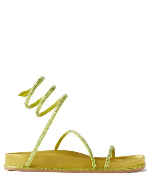 RENE CAOVILLA Crystal-embellished wraparound satin sandals | green strappy footbed flats
