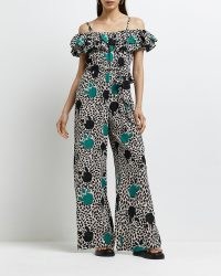 GREEN FLORAL FRILL BARDOT JUMPSUIT ~ women’s printed off the shoulder wide leg jumpsuits ~ ruffle neckline evening fashion