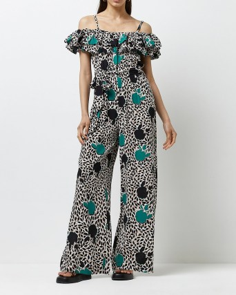GREEN FLORAL FRILL BARDOT JUMPSUIT ~ women’s printed off the shoulder wide leg jumpsuits ~ ruffle neckline evening fashion - flipped