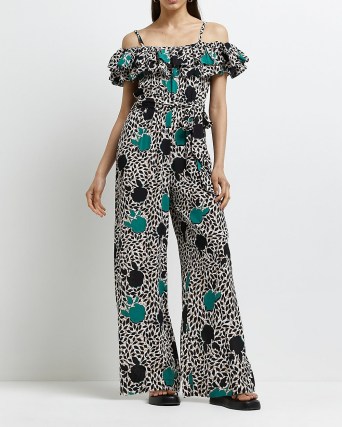 GREEN FLORAL FRILL BARDOT JUMPSUIT ~ women’s printed off the shoulder wide leg jumpsuits ~ ruffle neckline evening fashion
